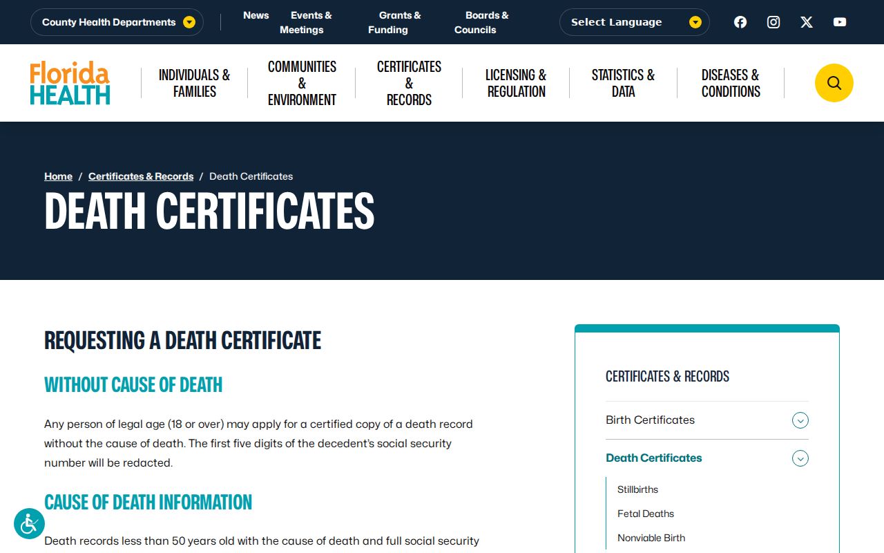 Lauderdale Lakes previous residents Florida death certificate access