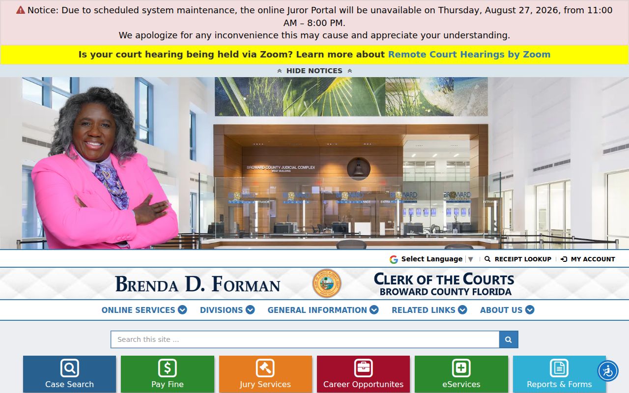 Broward Clerk of Courts page used for a Lauderdale Lakes resident lookup
